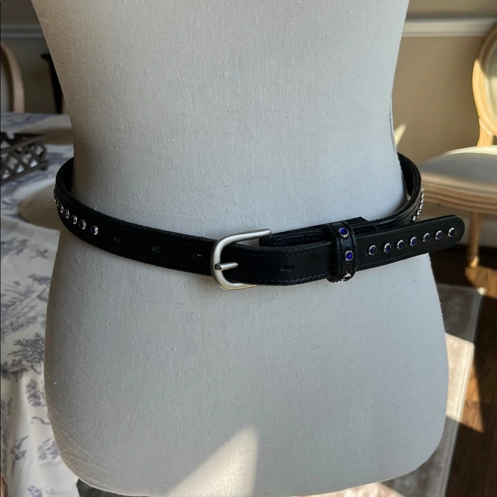 Black Leather Belt with Cobalt  Blue Accents Rhinestone Silver Tone Size 28